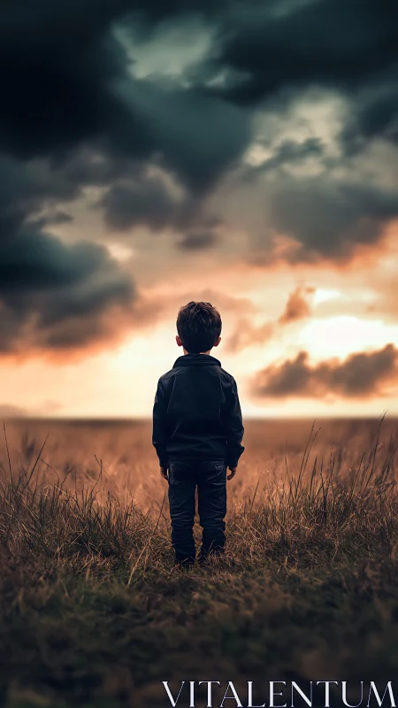 Solitary child contemplates stormy horizon at fading dusk