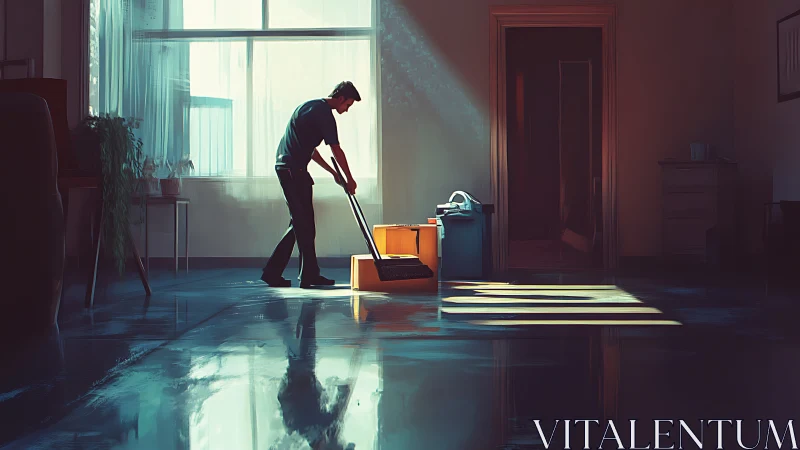 Man cleans reflective office floor in directional window light