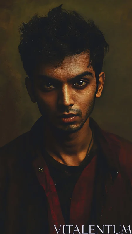 Moody low-key portrait of man in deep golden chiaroscuro.