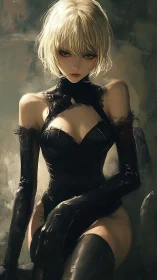 Cool blonde heroine sits in dark leather with quiet power