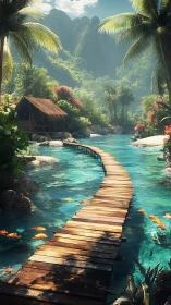 Tropical Lagoon Paradise: Wooden Boardwalk through Turquoise Waters.