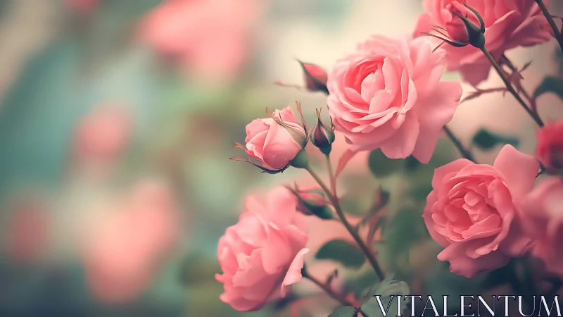 Pink roses in various bloom stages with soft background.