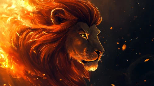 Lion profile in stylized flames against dark background.