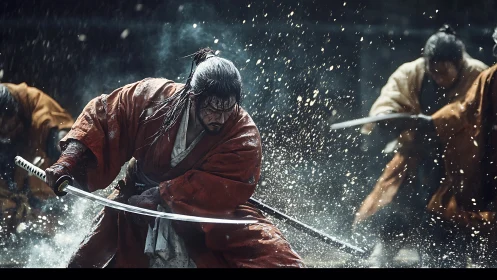 Steel and storm collide as a lone warrior carves the rain