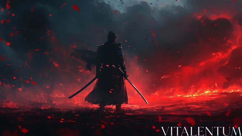 Lone samurai in ember-lit storm, holding twin katana blades.