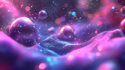 Vibrant Abstract Space Scene with Glowing Spheres and Particles.