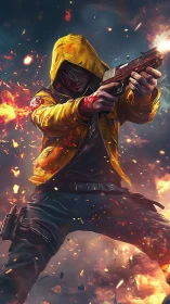 Hooded gunfighter in blazing urban inferno standoff.