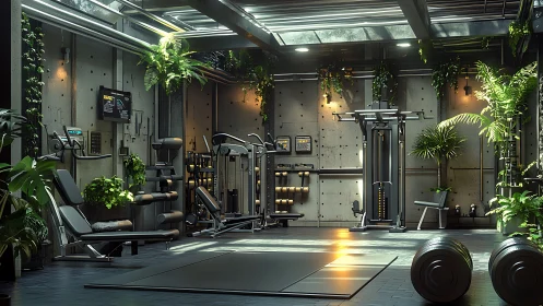 Lush industrial gym merges greenery with modern workout gear.