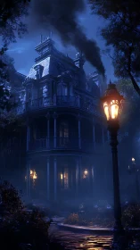 Victorian mansion at night with gaslamp and chimney smoke