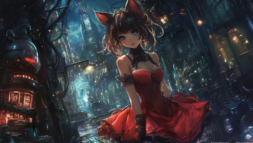 Cat-eared girl in red dress within neon cyberpunk cityscape.