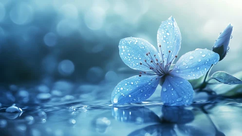 Blue Dew-Laden Bloom with Bokeh Backdrop.