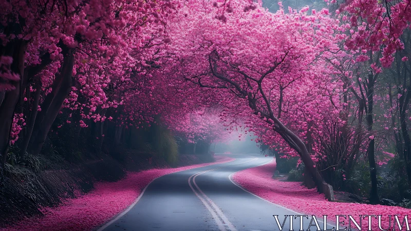 Blossom laden roadway curls into a misty pink dream