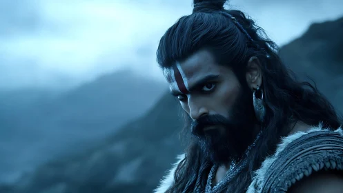 Cinematic warrior portrait in cold desaturated mountain light.