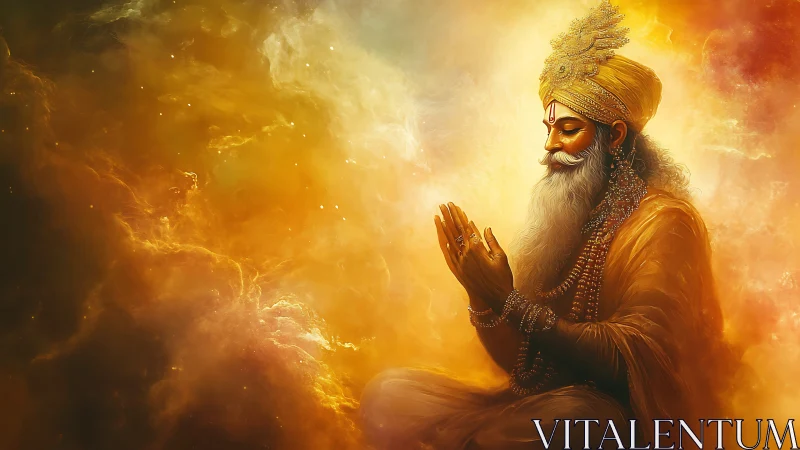 Radiant sage in golden nebula with volumetric atmospheric lighting