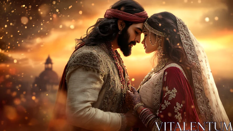 Couple in ornate South Asian wedding attire faces camera intimately
