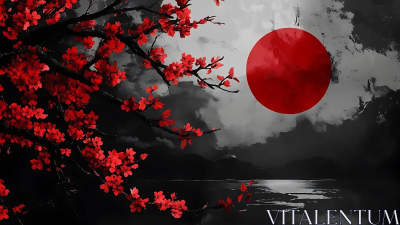 Crimson blossoms lean toward a rising painted red sun