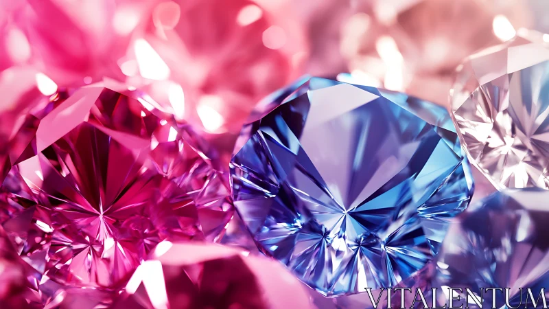 Radiant pink and blue gemstones sparkle in soft bokeh light.