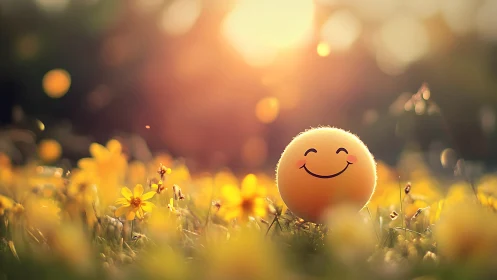 Sunlit smiley orb quietly soaks up joy in golden blooms