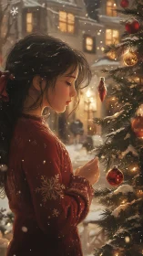 Winter girl in red beside glowing Christmas tree outdoors.
