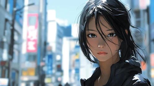 Young woman in city street with soft anime portrait style.