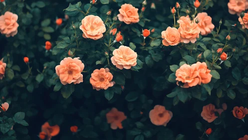 Coral Rose Reverie: Bloom-Studded Garden Tapestry.