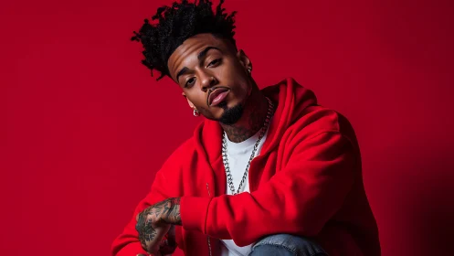 Man in red hoodie sits against solid red studio backdrop