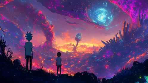 Bilateral silhouettes survey neon nebular alien valley at dusk