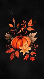 Autumn pumpkin illustration glows against deep black background