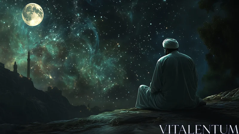 Solitary robed figure seated under full moon and star field.