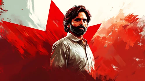 Bearded man in white shirt before bold red backdrop.