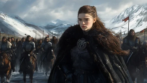 Snowbound warrior maiden leads a grim northern cavalry.