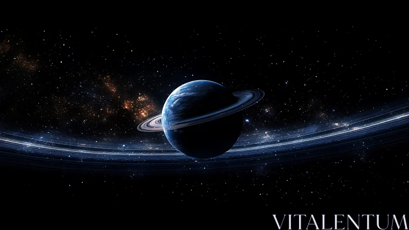 Ringed blue planet suspended in luminous starfield panorama.