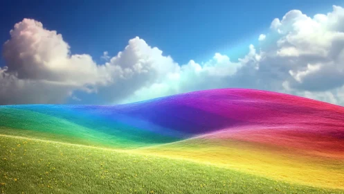 Iridescent rainbow hillside under luminous cumulus sky.