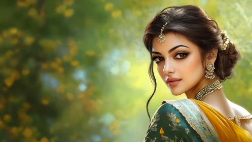 Elegant woman in traditional attire with jewelry, digital art style.