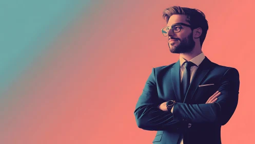 Confident young professional stands against soft pastel glow