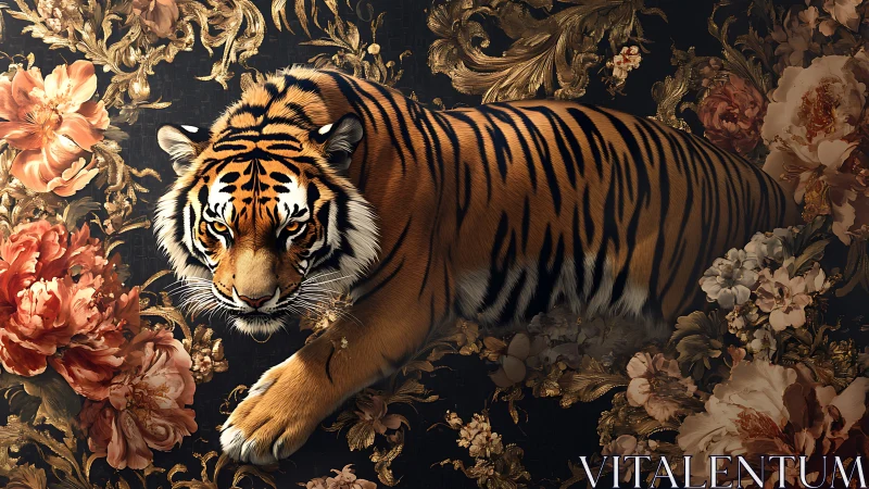 Velvet jungle prowler weaving through baroque blooms.