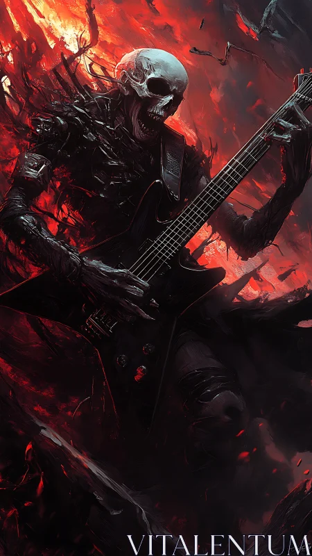 Skull-faced metal guitarist shredding through molten fire.