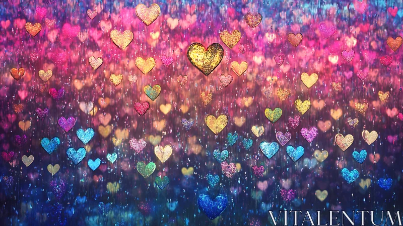 Cascading glitter hearts in gradient spectrum background composition.