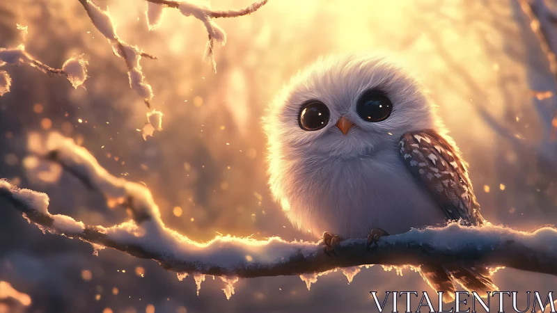 Fluffy baby owl on snowy branch in dreamy golden light, digital art.