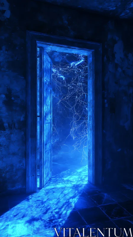 Luminous blue doorway revealing ethereal branching energy portal.