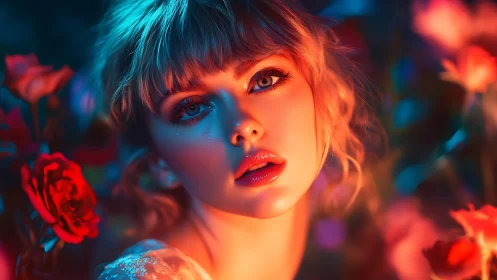 Woman gazes at camera in vivid red and blue neon lighting