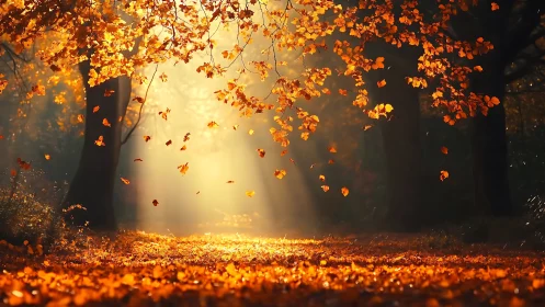 Sunlit autumn forest path with falling orange leaves.