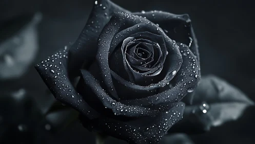 Midnight rose glowing softly with silver raindrops.
