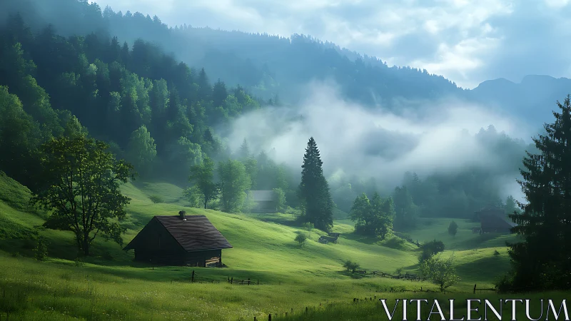 Morning mist settles gently over peaceful green valley cabins