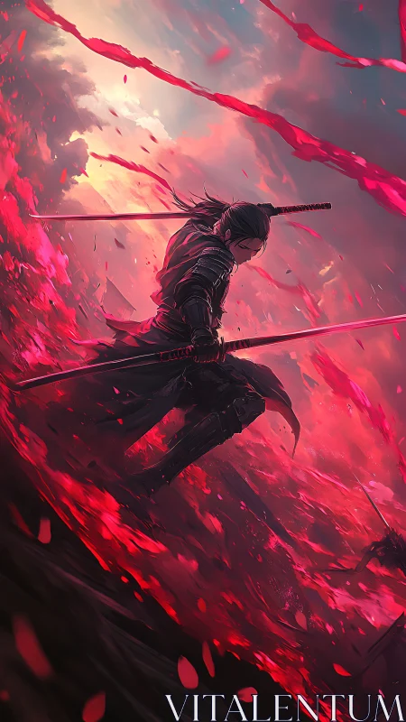 Crimson petals swirl as a lone samurai claims the quiet