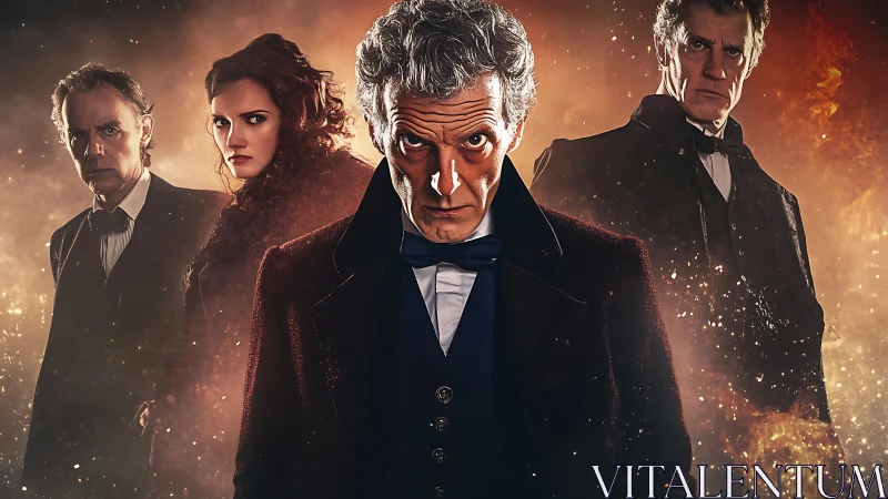 Cinematic ensemble portrait uses dramatic backlighting and flare