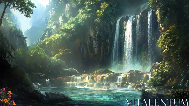 Hidden emerald falls dreamscape in a mist-lit forest canyon.