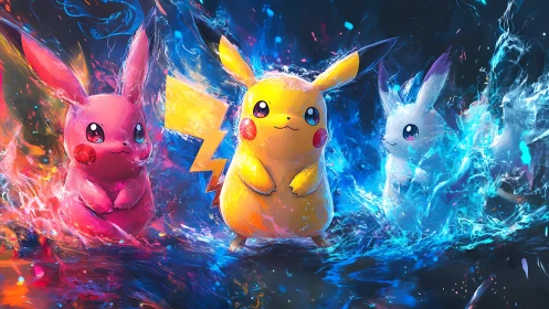 Electric mascot trio in neon elemental splash environment.