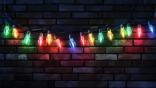 Colorful filament bulbs glowing against textured brick wall.