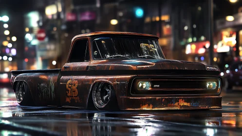 Rust-slammed pickup truck in neon night urban streetscape.